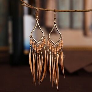 Bohemian Long Tassel Beaded Feather Drop Earrings Light Coffee Brown Color